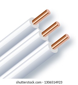 Flexible three-wire electrical copper cable isolated on white background. Copper multicore cable with double color insulation. Close-up of the cross section. Power wire. Vector illustration 10 eps.