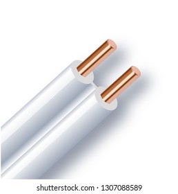 Flexible two-wire electrical copper cable isolated on white background. Copper multicore cable with double color insulation. Close-up of the cross section. Power wire. Vector illustration 10 eps.