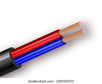 Flexible two-wire electrical copper cable isolated on white background. Copper multicore cable with double color insulation. Close-up of the cross section. Power wire. Vector illustration 10 eps.