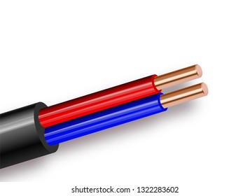 Flexible two-wire electrical copper cable isolated on white background. Copper multicore cable with double color insulation. Close-up of the cross section. Power wire. Vector illustration 10 eps.