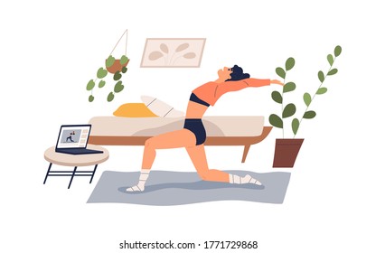 Flexible woman practicing yoga at home vector flat illustration. Yogi female watching online classes on laptop isolated on white. Girl doing exercise looking internet live stream video