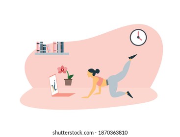 Flexible woman practicing yoga at home vector flat illustration. Yogi female watching online classes on laptop isolated on white. Girl doing exercise looking internet live stream video