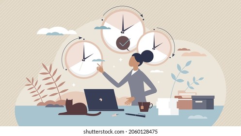 Flexible work with adjustable scheduled working hours tiny person concept. Time management based on personal choice to be effective and productive vector illustration. Business tasks optimization.