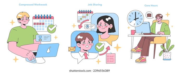 Flexible Work Arrangements set. Employees explore a compressed workweek, embrace job sharing, and commit to core hours. Modern workplace flexibility. Flat vector illustration