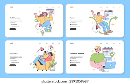 Flexible Work Arrangements set. Professionals enjoying various work schedules. Flexible schedule, flextime, remote work, and compressed workweek. Vibrant personalities in action. vector illustration