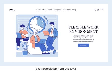 Conceito de ambiente de trabalho flexível. Ilustração de um local de trabalho moderno com funcionários que usam laptops e tablets digitais, promovendo a produtividade com um relógio grande simbolizando o gerenciamento de tempo. Vetor