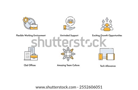 Flexible Work, Great Support, Growth Opportunities: Company Culture Icons. Company Benefits Icons.