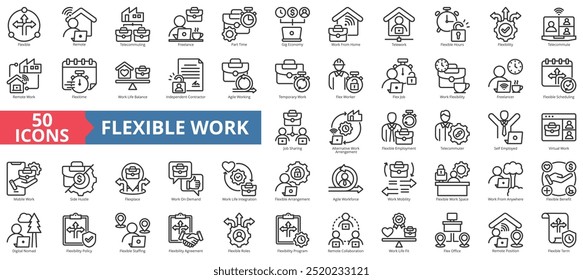 Flexible work icon collection set. Containing remote, telecommuting, freelance, part time, gig economy, work from home, telework and digital nomad icon. Simple line vector illustration.