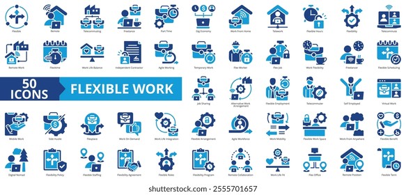 Flexible work icon collection set. Containing remote, telecommuting, freelance, part time, gig economy, work from home, telework and digital nomad icon. Simple flat vector illustration.