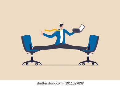 Flexible work, let employee manage their working time to finish project concept, smart relax businessman working with laptop computer stretching his leg between chairs balance like yoga.