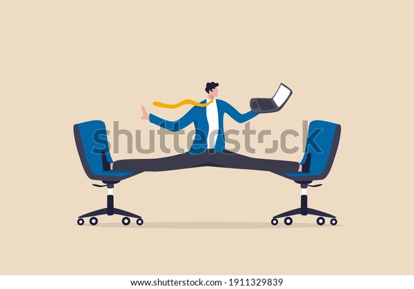 Flexible work, let employee manage their working\
time to finish project concept, smart relax businessman working\
with laptop computer stretching his leg between chairs balance like\
yoga.