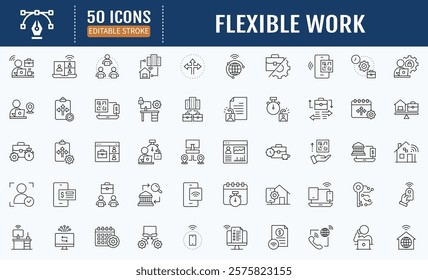 Flexible work line editable icon set. Containing as working from home, remote work, telecommuting, freelance, part time, telework and digital nomad icon. Vector Illustration