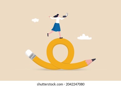 Flexible Work, Remote Work Anywhere Anytime, Employee Choice To Choose Time And Location For Productivity And Creativity Concept, Cheerful Woman Enjoy Working With Computer Laptop On Flex Bent Pencil.