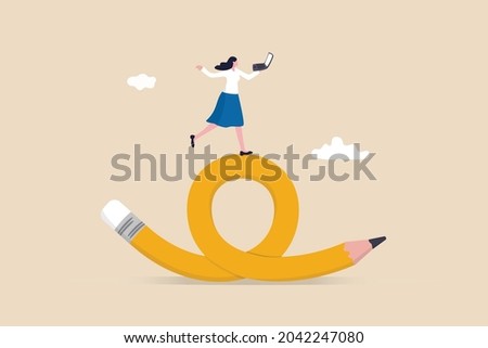Flexible work, remote work anywhere anytime, employee choice to choose time and location for productivity and creativity concept, cheerful woman enjoy working with computer laptop on flex bent pencil.