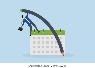 Flexible work schedule, businessman using pencil pole vault jumping over calendar.