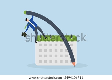 Flexible work schedule, businessman using pencil pole vault jumping over calendar.