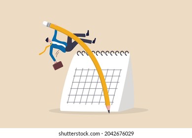 Flexible Work Schedule Or Challenge To Overcome Deadline Or Project Timeline Difficulty, Project Management Or Timetable Concept, Confidence Businessman Using Pencil Pole Vault Jumping Over Calendar.