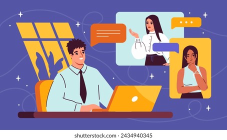 Horario de trabajo flexible. El hombre se comunica con la mujer por videollamada. Comunicación a distancia con empleados remotos. Programación y planificación, configuración de objetivos. Ilustración de vector plano de dibujos animados