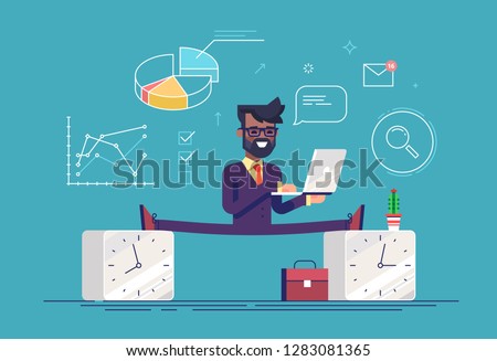 Flexible work time schedule concept. Part time work. Handsome black businessman between 2 watches. Modern business character. Flat vector illustration.