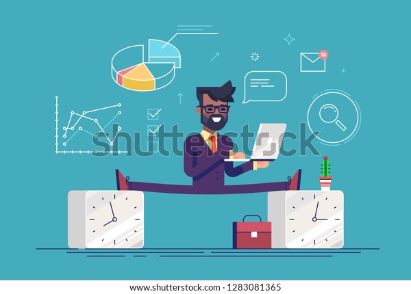Flexible work time schedule concept.\
Part time work. Handsome black businessman between 2 watches.\
Modern business character. Flat vector\
illustration.