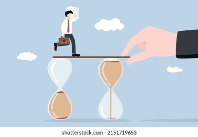 Flexible Working Hours, Adjusting Time According To Workload, Time Management For Efficient Productivity Concept. Giant Boss Hand Giving New Working Time Hourglass For Employee With Overwork.