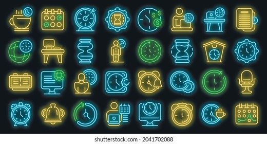 Flexible Working Hours Icons Set. Outline Set Of Flexible Working Hours Vector Icons Neon Color On Black