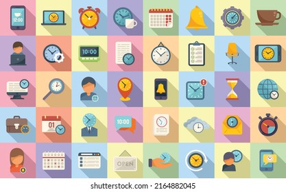 Flexible working hours icons set flat vector. Alarm clock. Work flexible