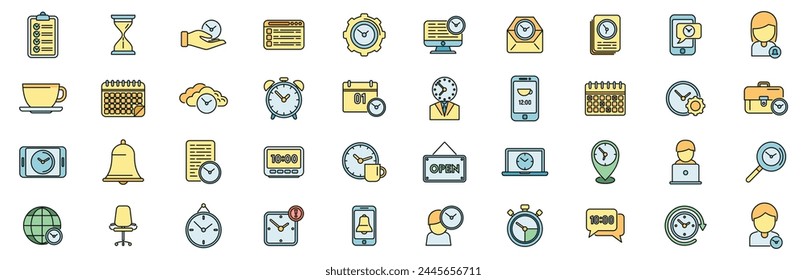 Flexible working hours icons set outline vector. Alarm clock. Work flexible thin line color flat on white