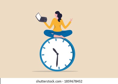 Flexible working hours, work life balance or focus and time management while working from home concept, young lady woman working with laptop while doing yoga or meditation on clock face.