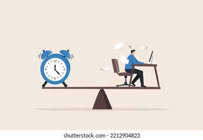 Flexible working hours work life balance. Time management. Work in a race against time. businessman working on desk seesaw balance with clock.