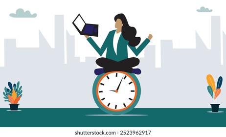 Flexible working hours, work life balance or focus and time management while working from home concept, businesswomen working with laptop while doing yoga or meditation on clock face.