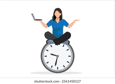 Flexible working hours, work life balance or focus and time management while working from home concept, young lady woman working with laptop while doing yoga or meditation on clock face.
