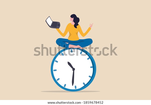 Flexible\
working hours, work life balance or focus and time management while\
working from home concept, young lady woman working with laptop\
while doing yoga or meditation on clock\
face.