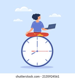 Flexible working hours. Young girl sitting on large clock with laptop. Freelancer and modern world, digital technologies. Time management, responsible employee. Cartoon flat vector illustration