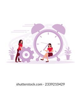 Flexible working hours. Young girl sitting on the big clock. Time management and business concept. Trend Modern vector flat illustration