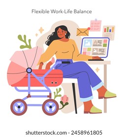 Flexible Work-Life Balance illustration. Depicts a millennial mother multitasking with work and childcare, epitomizing the modern parenting experience. Vector illustration