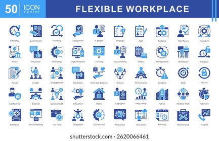 Flexible Workplace icon set featuring icons for remote work, productivity, collaboration, digital platforms, and work-life balance. Ideal for modern office environments, HR, and business management.