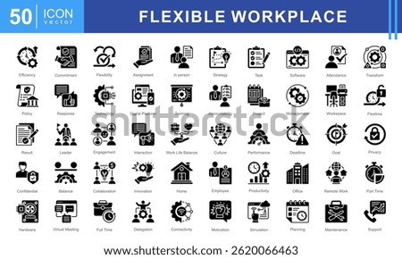Flexible Workplace icon set featuring icons for remote work, productivity, collaboration, digital platforms, and work-life balance. Ideal for modern office environments, HR, and business management.