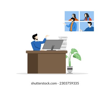 flexible workplace for productivity concept, employee choice to work away from home or come to office, businessman sitting in office talking on conference call with people working from home.