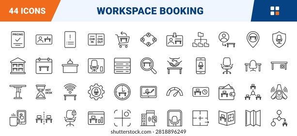 Flexible workspace hot desk booking line icon set covering co-working, reservation, office, and sharing concepts, thin linear illustration.