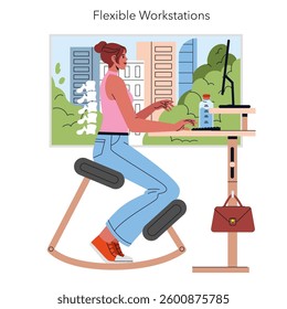 Flexible workstations are designed for comfort and productivity in a modern office. Featuring a woman working at a height-adjustable desk, this illustration emphasizes an ergonomic workspace with a