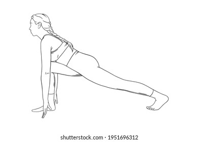Flexible yogi woman. Hatha yoga equestrian pose. Engraved vector illustration in white background