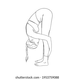 Flexible yogi woman. Hatha yoga forward fold pose. Engraved vector illustration in white background