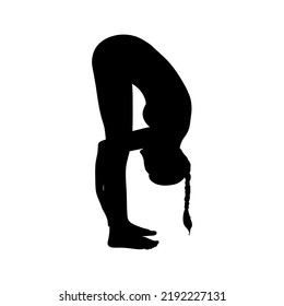 Flexible yogi woman silhouette. Hatha yoga forward fold pose. Vector illustration in white background