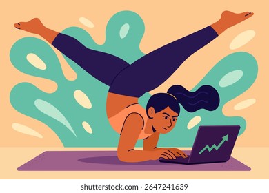 Flexible young woman in advanced yoga pose while working on laptop with stock market chart on screen