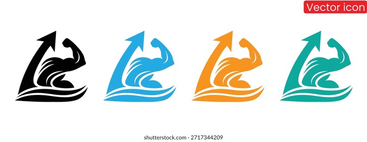Flexing arm with arrow and wave in four colors,A thick outline drawing depicts a muscular arm flexing its bicep symbolizing strength and fitness on a light background,