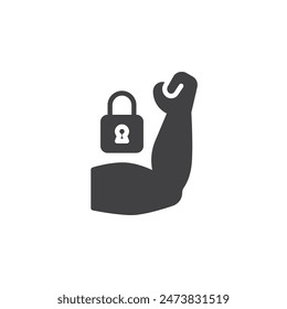 Flexing arm muscle with a padlock vector icon. filled flat sign for mobile concept and web design. Strong Password glyph icon. Symbol, logo illustration. Vector graphics