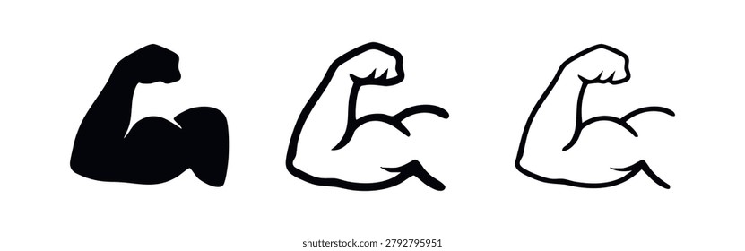 Flexing bicep muscle icons set. Strength and bodybuilding symbols.