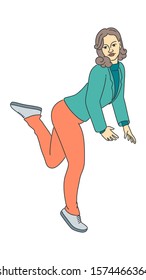 Flexing girl standing and balance on one leg. Fitness or yoga vector illustration. Female character posture. Cute adult woman with beautiful hair in an elegant pose. Line art, green and orange colors.