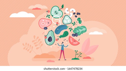 Movimiento de cultivo alimentario flexitario, diminuta ilustración portadora de persona plana. Una dieta vegetariana saludable combinada ocasionalmente con carne. Verde, ingredientes naturales y fuentes de nutrientes para una buena salud